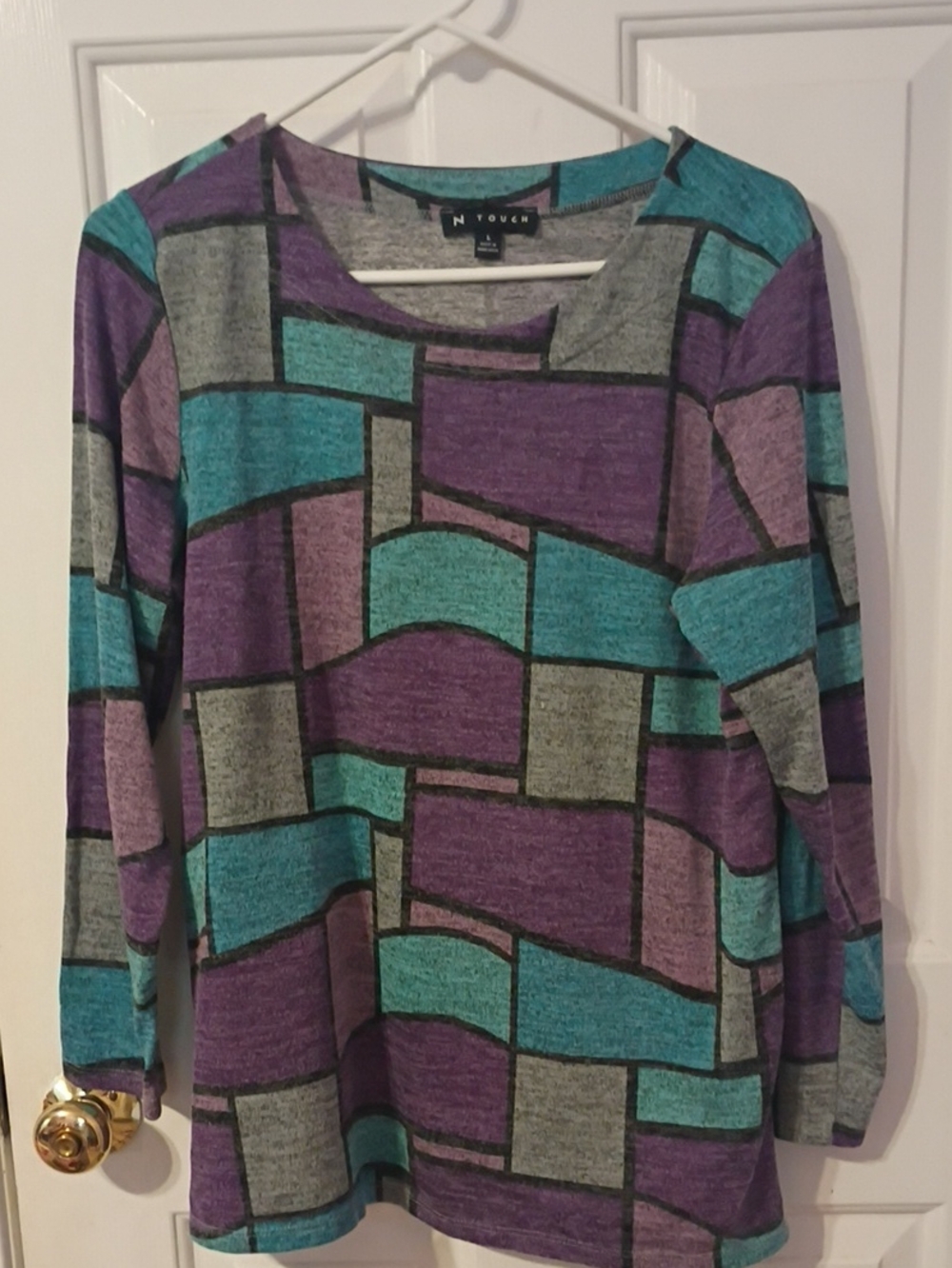 N Touch Women's Geometric Block Print Long Sleeve Top - Purple & Teal